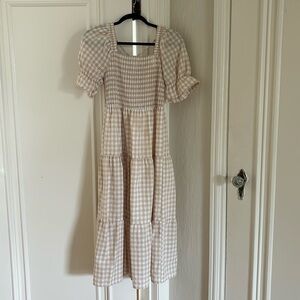 Tan & White Gingham Midi Dress